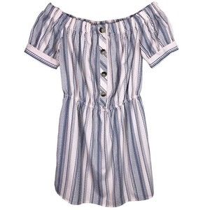 Blush Rose Pink Navy Blue Striped Off The Shoulder Blouson Mini Dress Size S